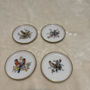 AK Kaiser Porcelain Coasters Birds Florals Gold Leaf Rim 4 Pieces W Germany Vtg